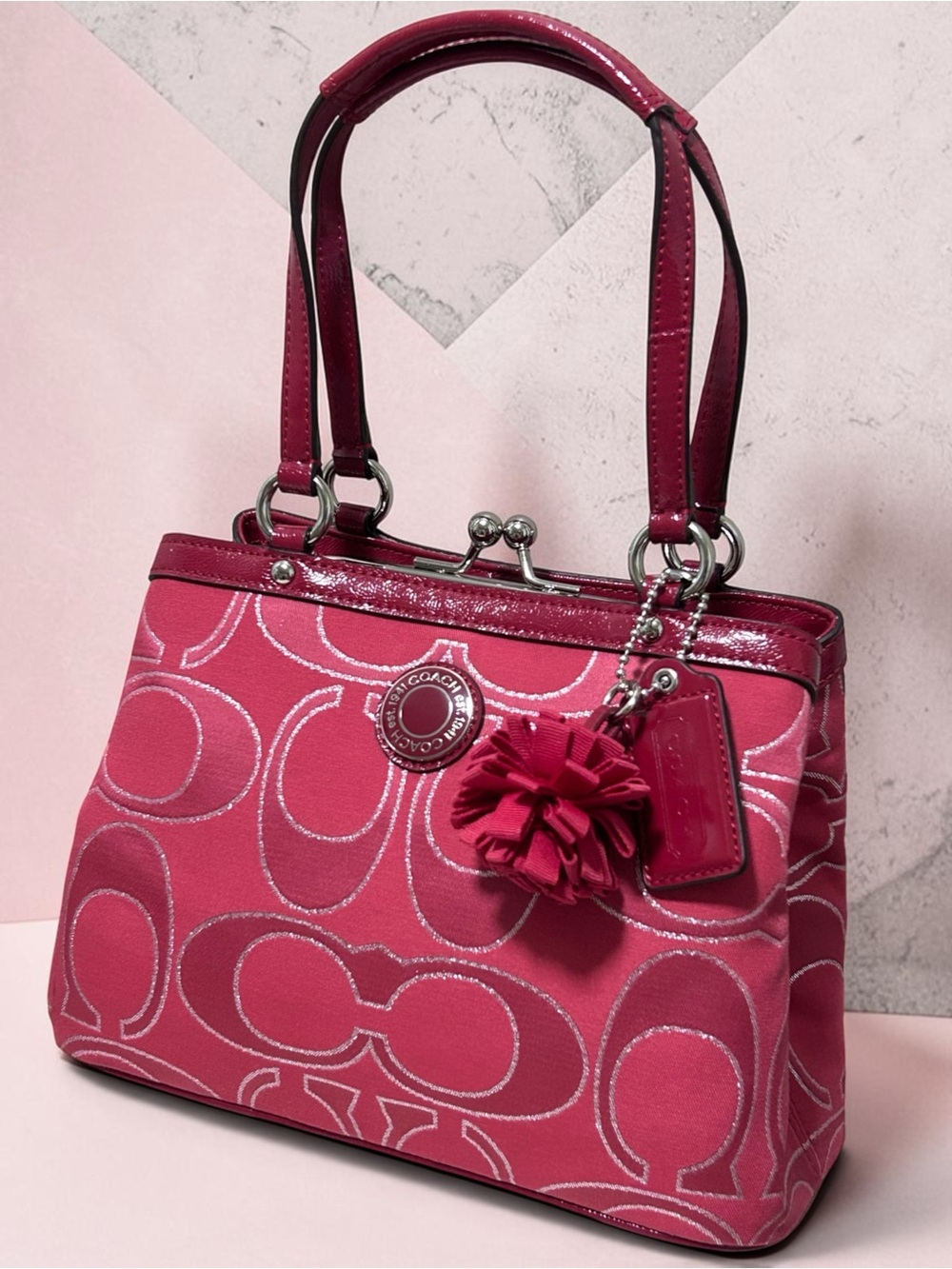 COACH Poppy Kisslock Signature C Lurex Jacquard w/Paten Leather Trim